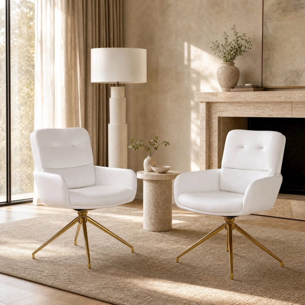Set di 2 sedie girevoli silenziose in metallo e PU bianco e oro