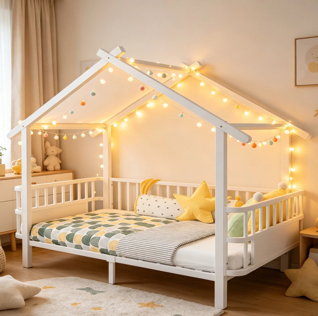 Letto per bambini 90x200 cm con barriera di sicurezza e struttura a casetta in metallo bianco