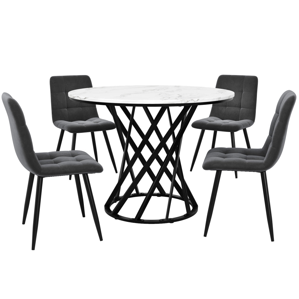 Tavolo da pranzo rotondo con 4 sedie in velluto ¨C MINIMAL ¨C ?80cm, piano bianco, gambe in metallo nero