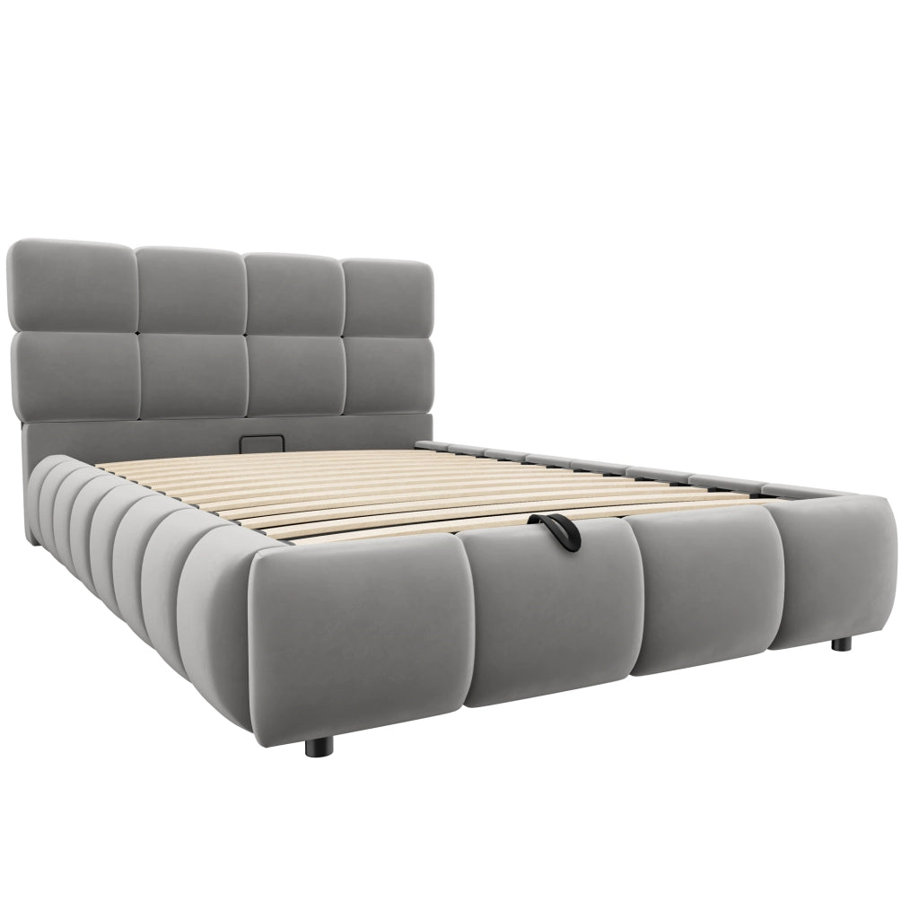 DESMIU Letto imbottito 90 × 200 cm 1 posto con contenitore idraulico e striscia LED regolabile, senza materasso, in velluto, grigio