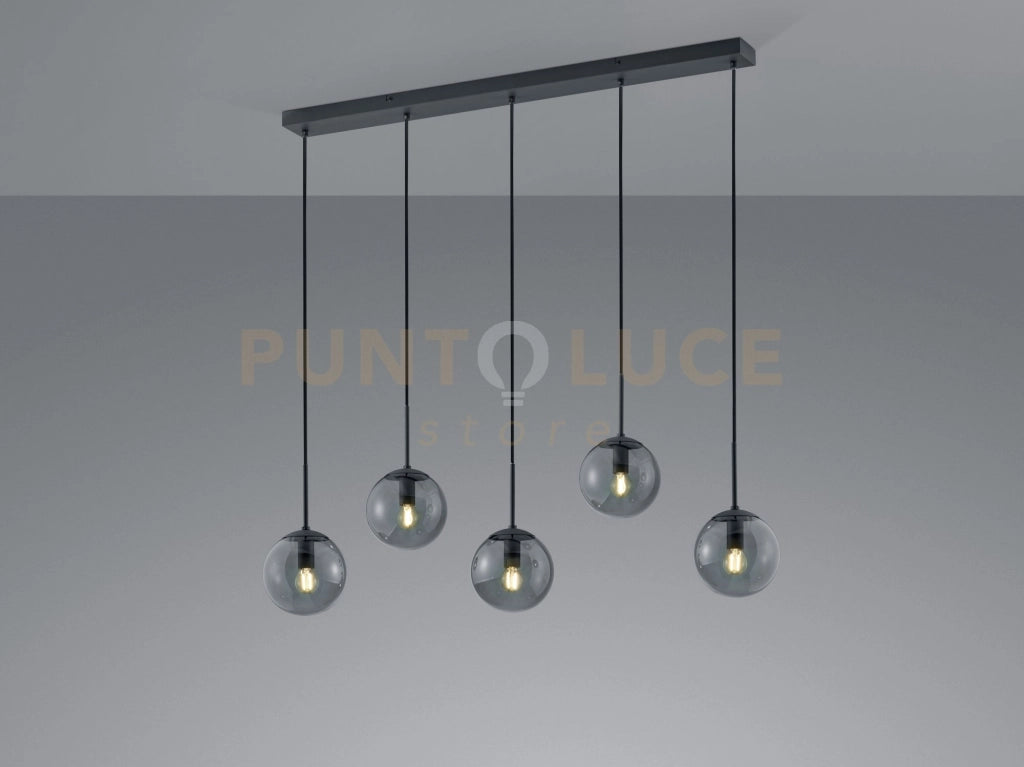 BALINI SOSPENSIONE LINEARE SFERE VETRO FUME' E METALLO ANTRACITE 5 LUCI L. 115CM ATTACCO E14