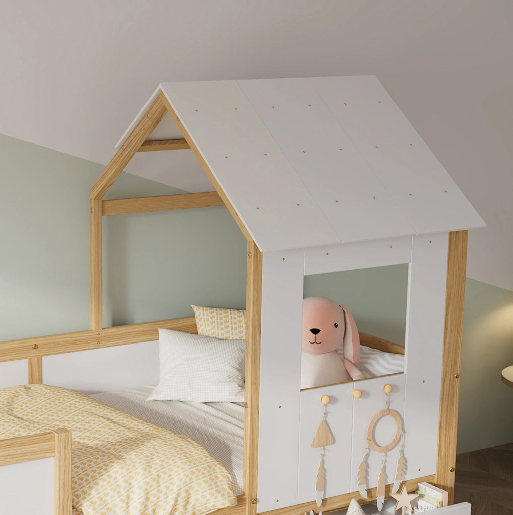 Letto per bambini a casetta semialto con 4 cassetti e scaletta 90x200 cm