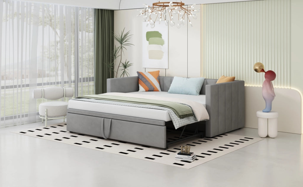 DESMIU Letto estraibile 90 × 200 cm e 180 × 200 cm 1 posto con rete, senza materasso, in velluto grigio