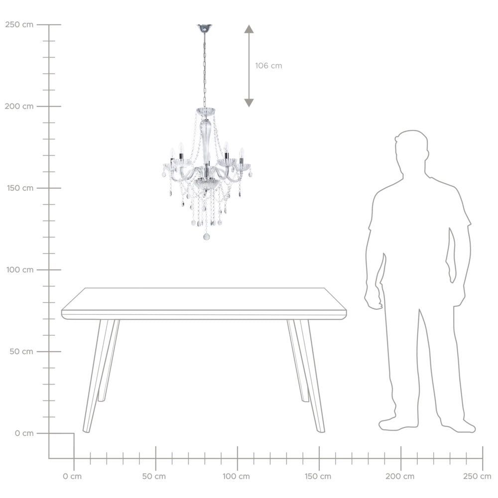 Lampadario in cristallo color argento 185 cm trasparente a 5 fuochi