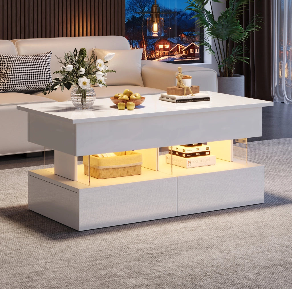 Tavolino da caffè 100 x 50 x 46 cm con piano sollevabile; 2 cassetti; LED; MDF bianco