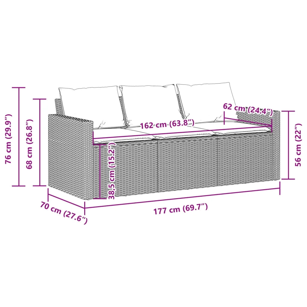 Divano da Giardino a 3 Posti con Cuscini Nero in Polyrattan 366340