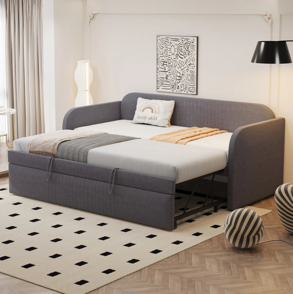 Divano letto imbottito estendibile 90/180x190 cm in tessuto effetto lino grigio