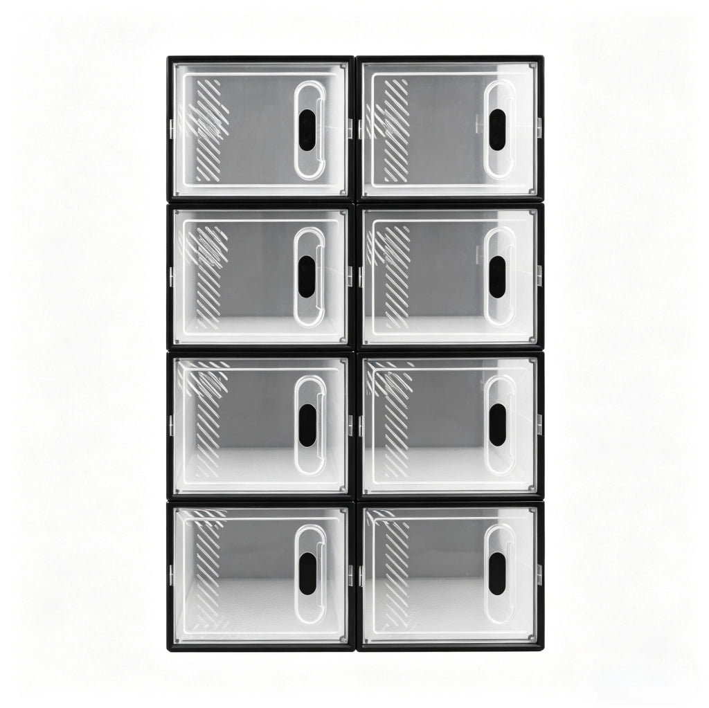 Set di 8 scatole portascarpe impilabili in plastica trasparente e nera 25x18;5x35;5 cm