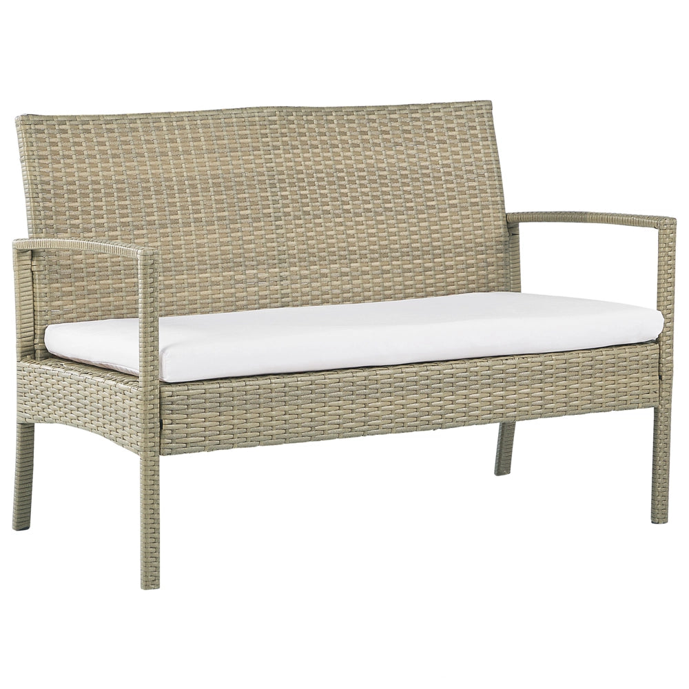Set divano da giardino in finto rattan marrone con cuscini bianchi e tavolino da caffè a 4 posti