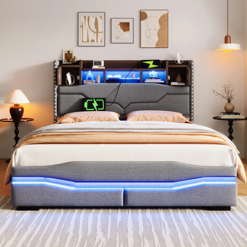 OKWISH Letto Contenitore 140×200 cm, Letto Matrimoniale con USB, Tipo C, LED Regolabile e Vano Contenitore in Testiera, senza Materasso, Lino Grigio