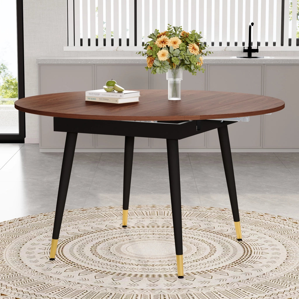 Tavolo da pranzo - estraibile da rotondo a ovale - MDF nero/noce - gambe oro - salvaspazio - per cucina e sala
