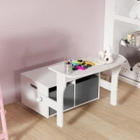 Baule per giochi per bambini 3 in 1, set tavolo e sedie con 2 contenitori in tessuto rimovibili, 67,5 x 46,5 x 56,7 cm, bianco