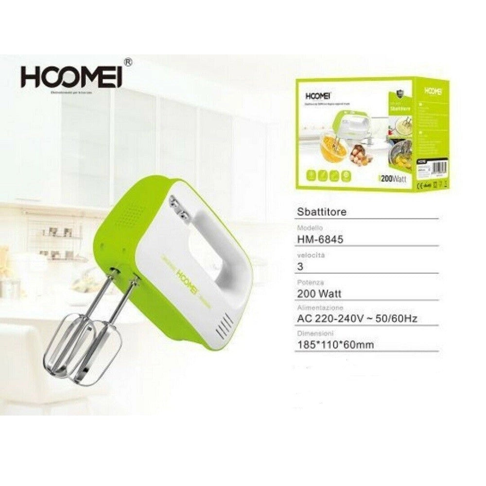 Trade Shop - Sbattitore Elettrico 200 Watt Frullatore Impastatore 3 Velocita' Hoomei Hm-6845 -