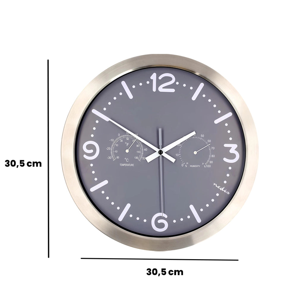 Orologio da Parete Analogico 30cmx30cm Silenzioso con Termometro e Igrometro Grigio Nedis
