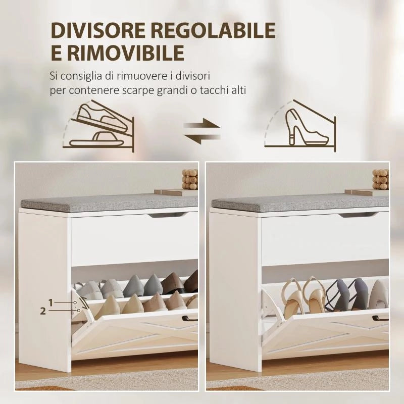 PANCA SCARPIERA CON CASSETTO RIBALTABILE E CONTENITORE, CAPACITÓ 8 PAIA DI SCARPE, 80X30X55 CM, BIANCO