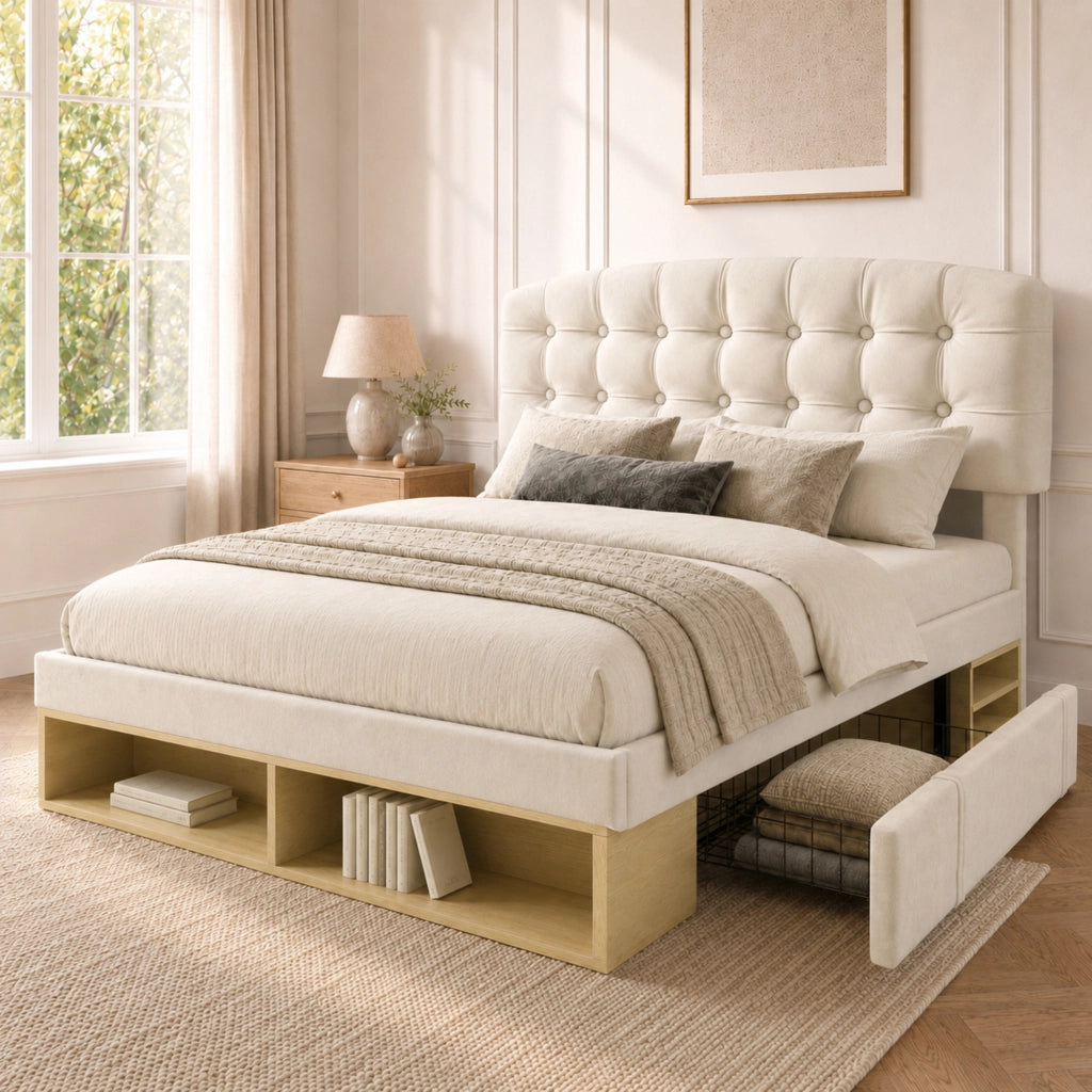 Letto Matrimoniale 140x200 Imbottito in Velluto Beige con Cassetti e Testiera Regolabile