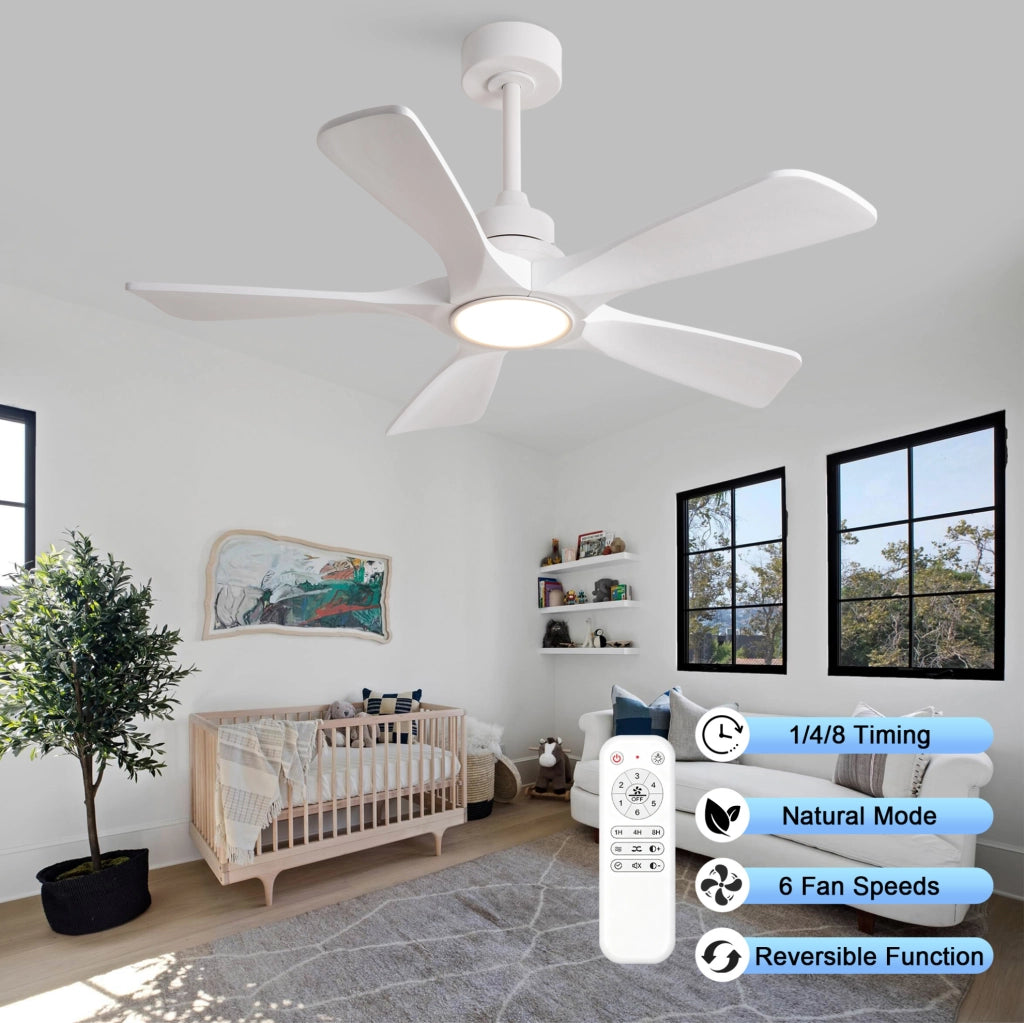 Ventilatore da soffitto bianco 42 pollici con luce LED dimmerabile; 6 velocità; legno e metallo