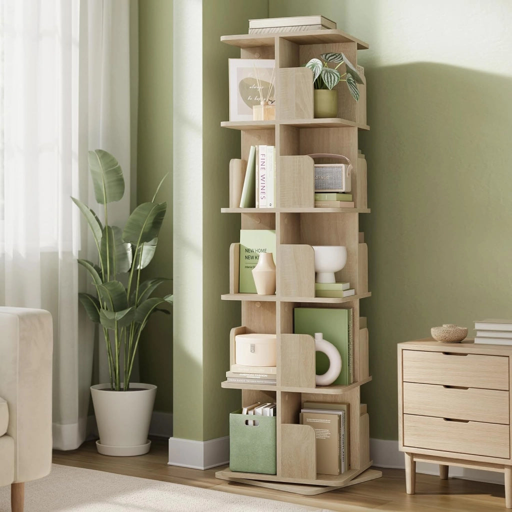 Libreria Girevole a 5 Livelli, Libreria Alta e Stretta, Scaffale d'Angolo a Pavimento, Scaffale Girevole per Libri, Rovere Chiaro