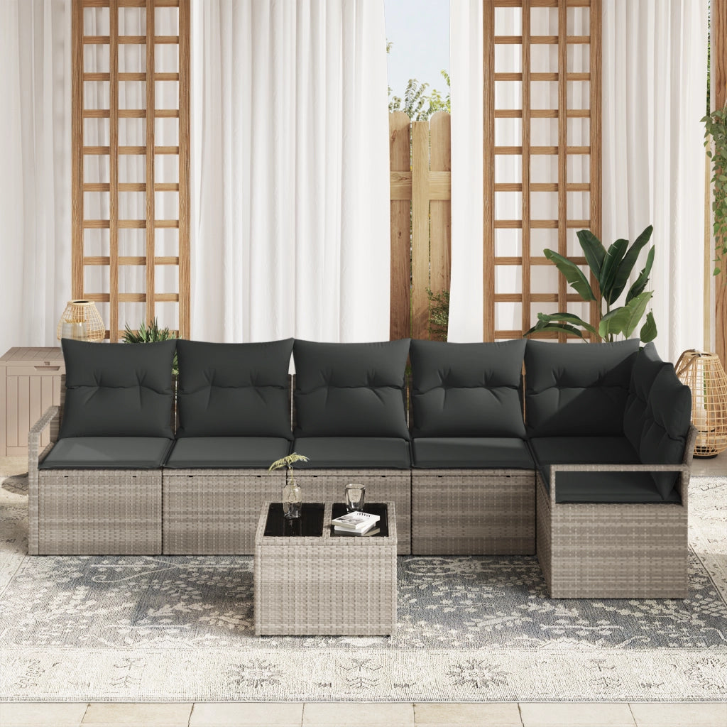 Set Divano da Giardino  7 Pezzi con Cuscini Grigio Polyrattan