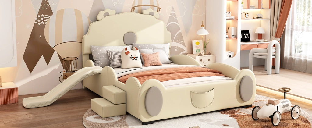 DESMIU Letto per Bambini 140 × 200 cm 2 Posti con Scivolo e Scaletta, Senza Materasso, in PU e MDF, Beige