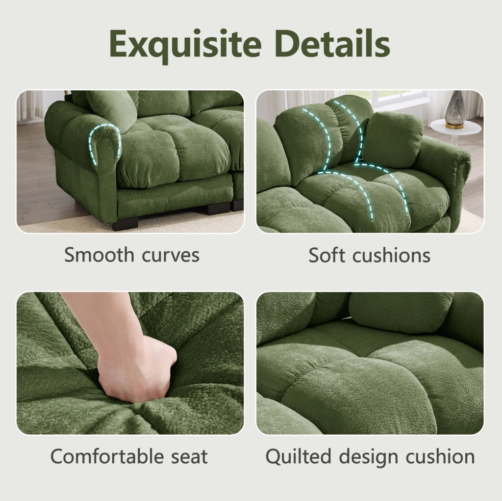 Divano modulare angolare a 2 posti in Chenille verde con ottomana mobile, design a trapunta e cuscini spessi