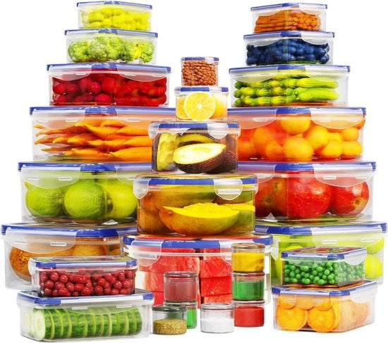 Set di contenitori in plastica da 56 pezzi, 28 contenitori di conservazione con 28 coperchi, insieme completo di misure per la casa, ermetico, impermeabile, contenitori per pasti, liberi da BPA