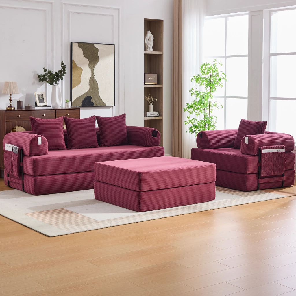 Divano modulare 3 posti - con tasca laterale e cuscini - in corduroy bordeaux