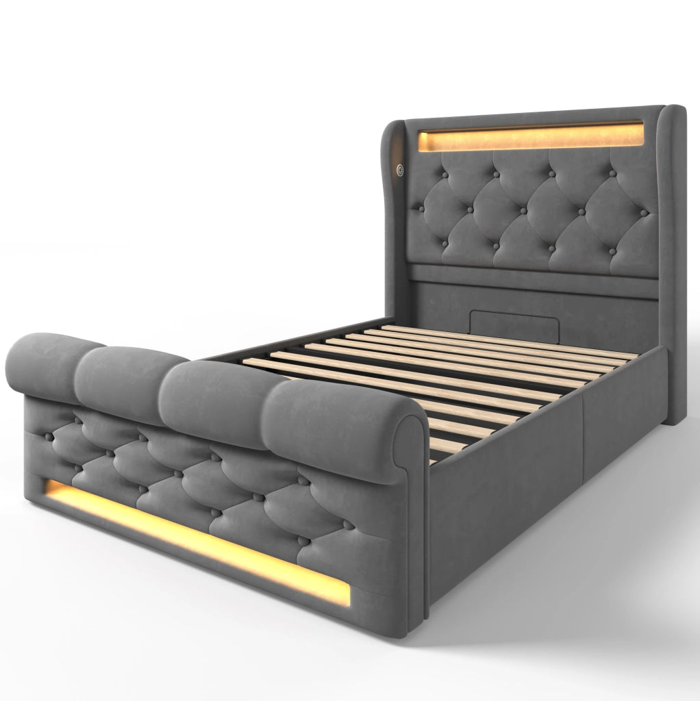 Letto singolo con contenitore; LED; USB e Type-C 90x200 cm in velluto grigio