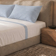 Set Lenzuola Letto Matrimoniale in Puro Cotone | Completo Letto 2 Piazze | Lenzuolo con angoli, Lenzuolo Piano e 2 Federe | Lenzuola in Cotone con Balza a Righe Celeste