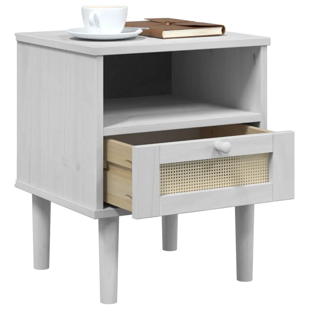 Comodino SENJA Bianco Aspetto Rattan 40x35x48 cm in Legno Pino 358011