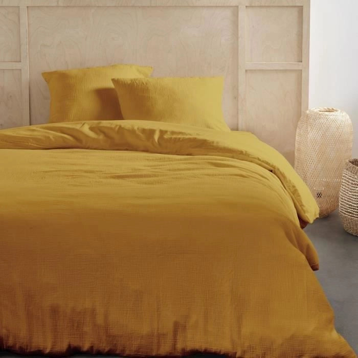 Completo letto - TODAY - 123668 - 2 persone - 240x220 cm - Garza di cotone tinta unita - Ocra