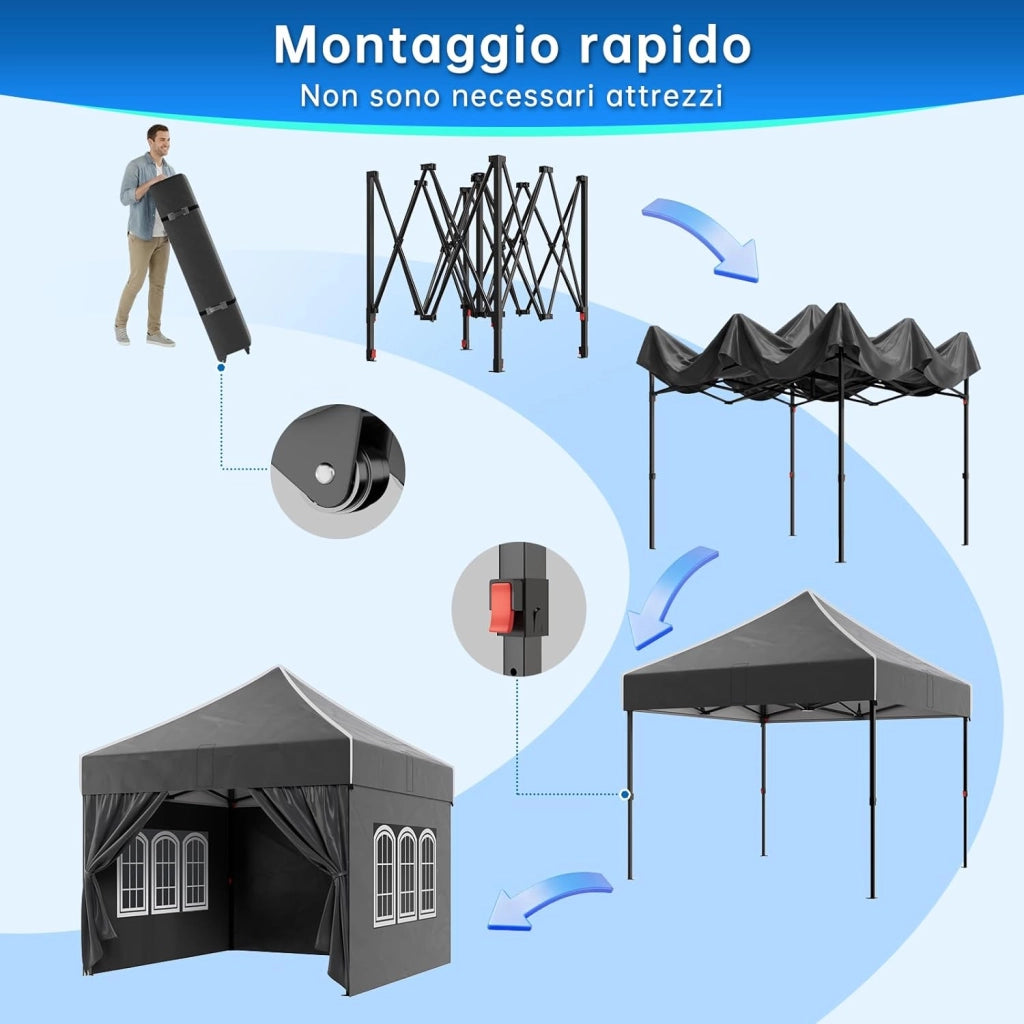 Gazebo 3 x 3 impermeabile, stabile, resistente all'inverno, altezza regolabile, gazebo pieghevole con 4 pareti laterali, protezione UV 50 +, per giardino, cortile, campeggio, gazebo nero