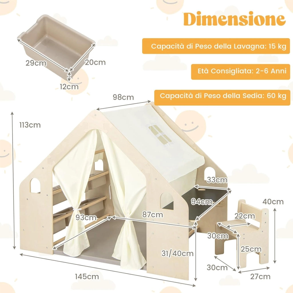 6 in 1 Tenda per Bambini in Legno, Tenda Casetta da Gioco con Tavolo e Sedia, con Tappetino Lavagna e 6 Scatole Portaghiochi, Capanna per Bambini (Beige 98 x 145 x 113 cm)