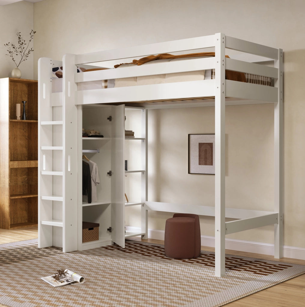 Letto a soppalco 90x200 cm con armadio e 6 ripiani, bianco