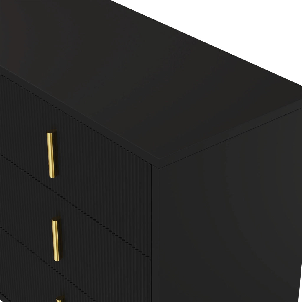 Credenza moderna minimalista con 6 cassetti in truciolare nero e oro, superficie ondulata, 120 × 40 × 77 cm