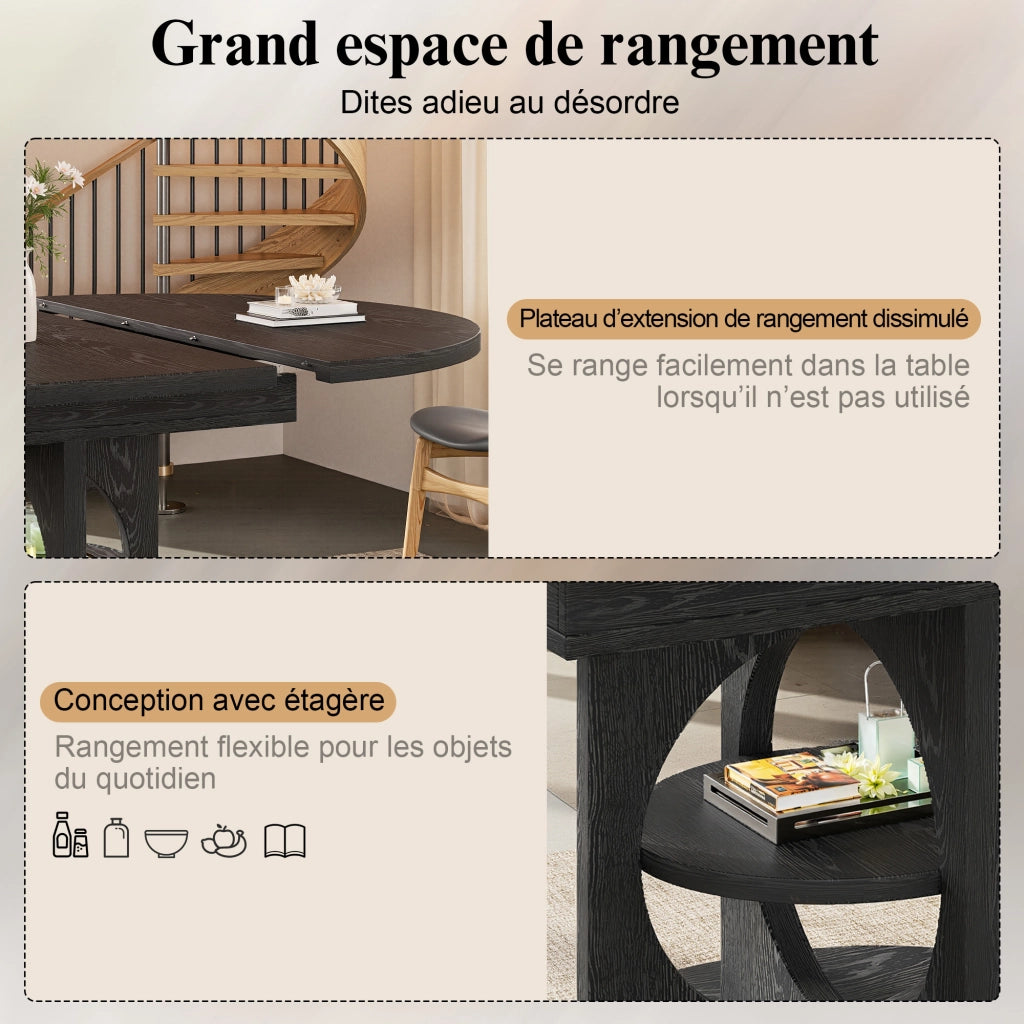 Tavolo da pranzo allungabile con vano portaoggetti centrale; 60kg; nero; in MDF