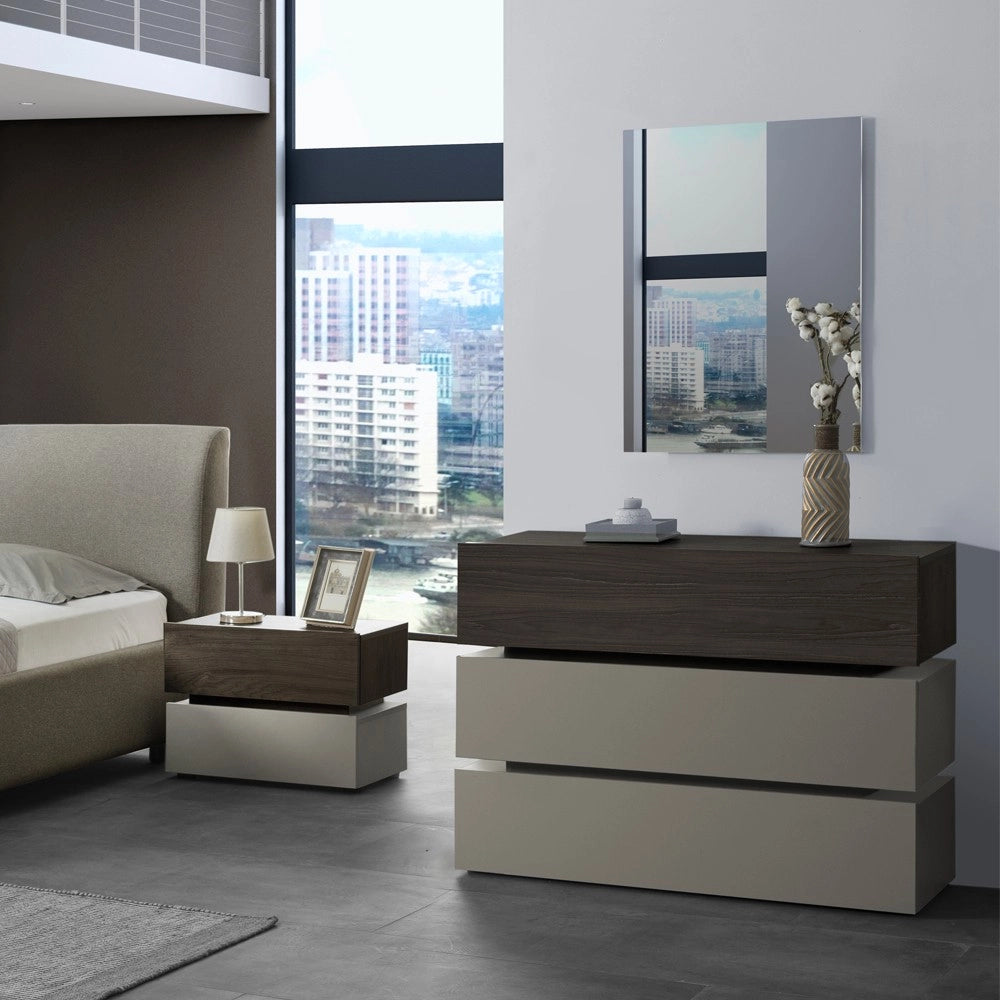 Camera da letto completa Kendra con armadio 6 ante battenti e letto contenitore imbottito tortora noce