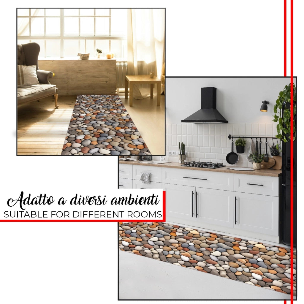 Tappeto Cucina Gomma Pvc Stampato In Alta Risoluzione HD Antimacchia Antiscivolo Pietre - 51x230 Cm