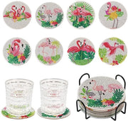 Decorazione Flamingo a 8 pezzi - 5D DIY con Diamanti - Piatti per Bicchieri - Decorazione per Ufficio/Casa - Incluso Colla e Strumenti