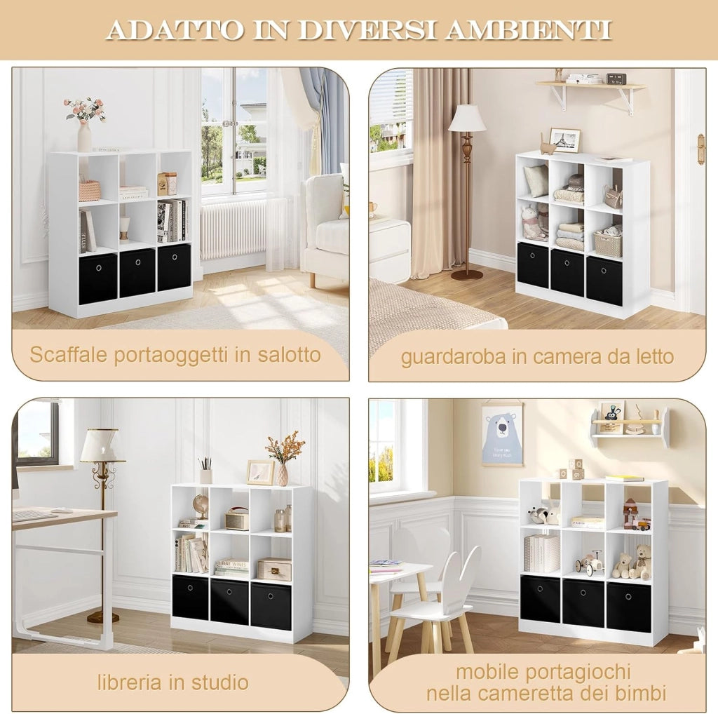 Libreria Bianca, Libreria a 9 Cubi Portaoggetti, Scaffale in Legno con 3 Cassetti in Tessuto Non Tessuto, per Soggiorno, Camera da Letto, Ufficio, 80x30x86,5 cm, SK041ws