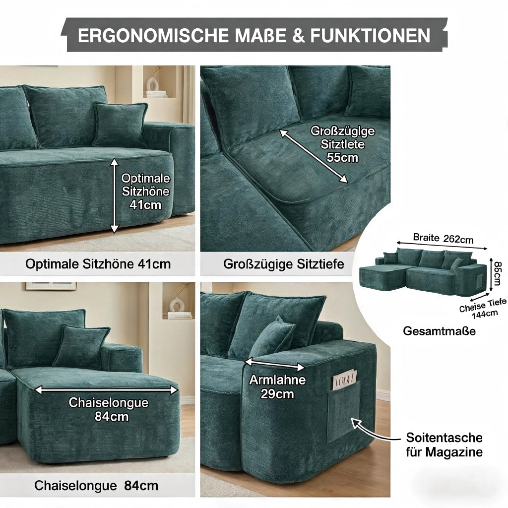 Divano angolare modulare con chaise longue, senza montaggio, tasche laterali, in Ciniglia Verde 262 × 144 × 65 cm