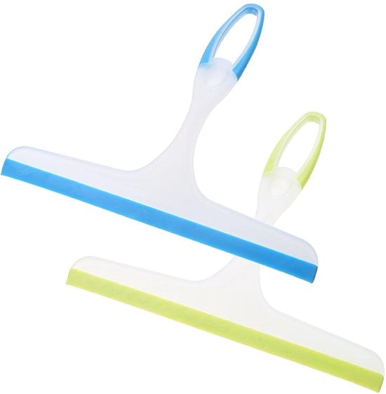 Pacco con 2 spazzole per doccia, spazzola di gomma con supporto alla parete, senza foratura, spazzola in silicone per la pulizia di bagno, cucina, pavimenti, finestre e vetri auto, 24 cm di larghezza (verde + blu)