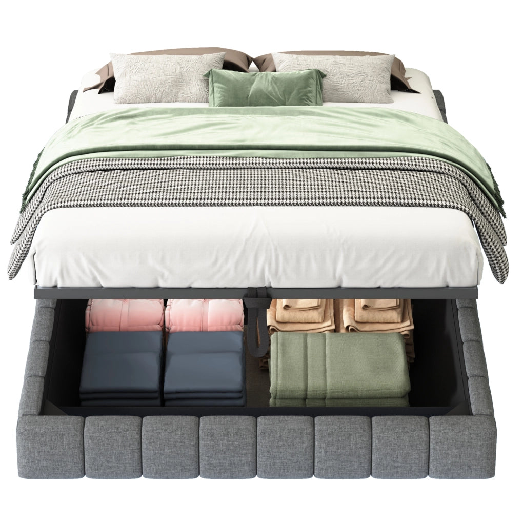 Letto imbottito 140x200 cm grigio in tessuto con LED e vano contenitore