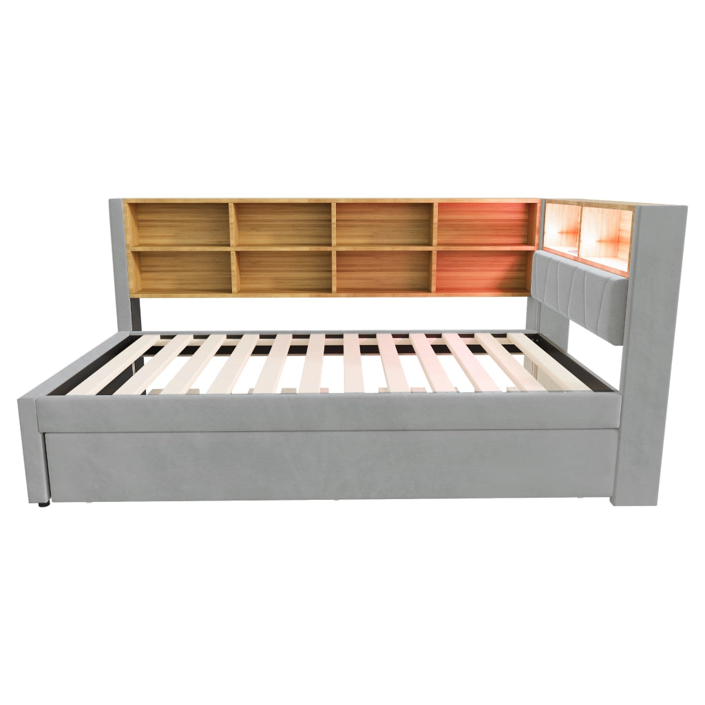Divano letto multifunzionale 90x200 cm con letto estraibile 90x190 cm, LED, prese di ricarica e vani contenitore, grigio chiaro