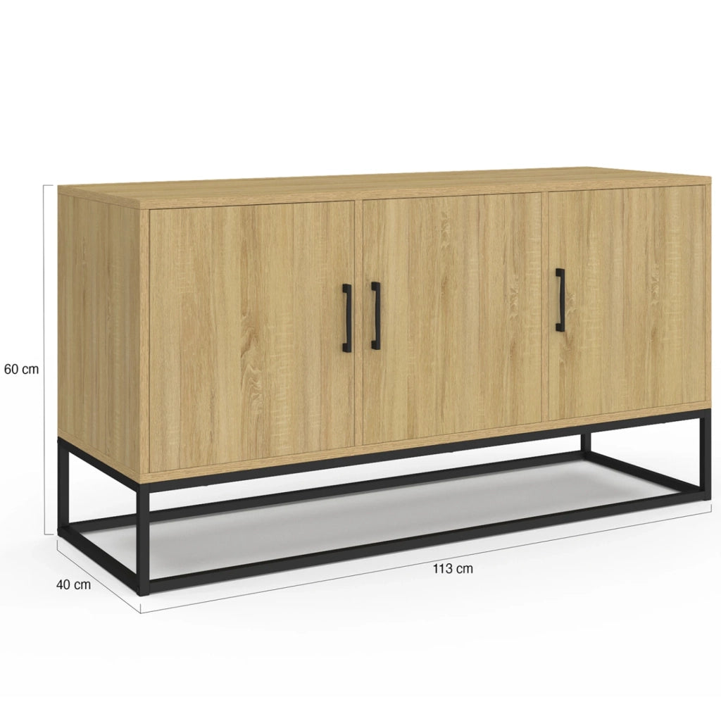 IDMarket - 113 cm DETROIT Credenza bassa a 3 ante in legno e nero, design industriale