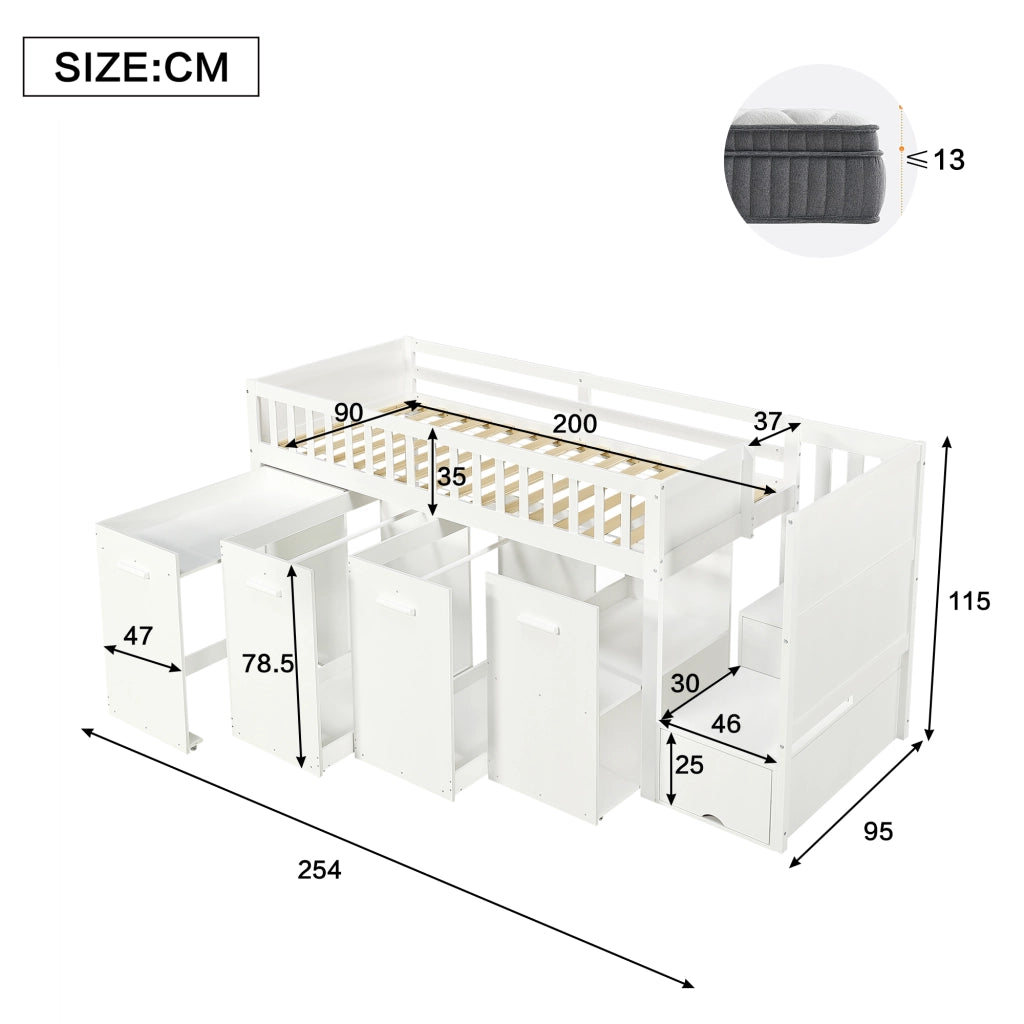 LETTO A CASTELLO multifunzione con scrivania e armadi 90x200 cm bianco