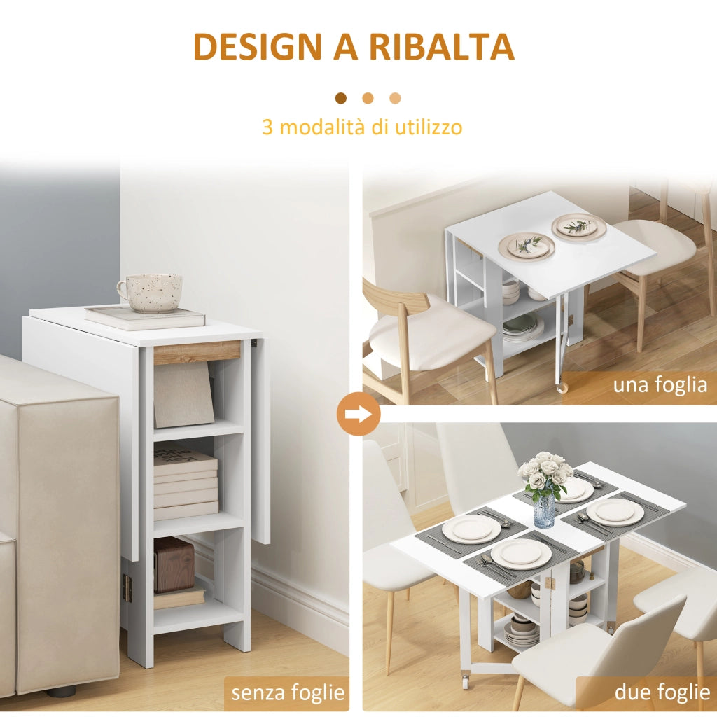 Tavolo Pieghevole Pranzo con 2 Ribalte e Ripiani Espandibile per 4 Persone. 120x60x75 cm. Bianco