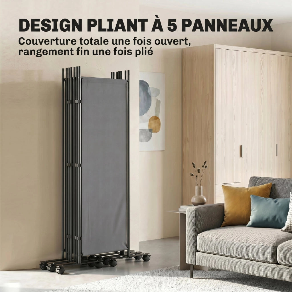 Paravent 5 Pannelli ¨C Minimal ¨C 252x170x1,5 cm, Grigio Scuro, Acciaio e Poliestere