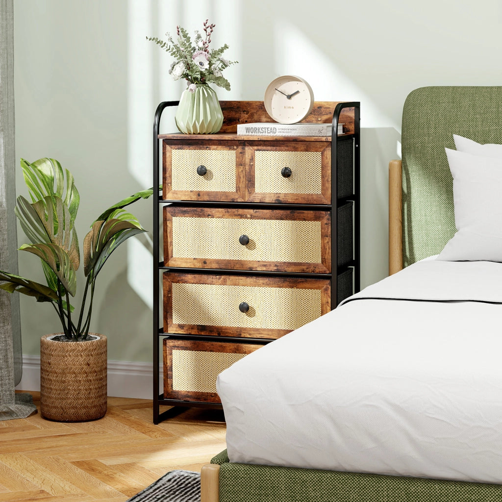 Comodino con 5 cassetti ¨C zephmum ¨C marrone, effetto rattan, acciaio, 58x29x99 cm