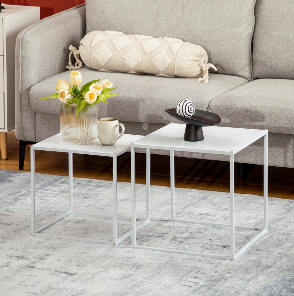 Set di 2 tavolini quadrati in acciaio bianco